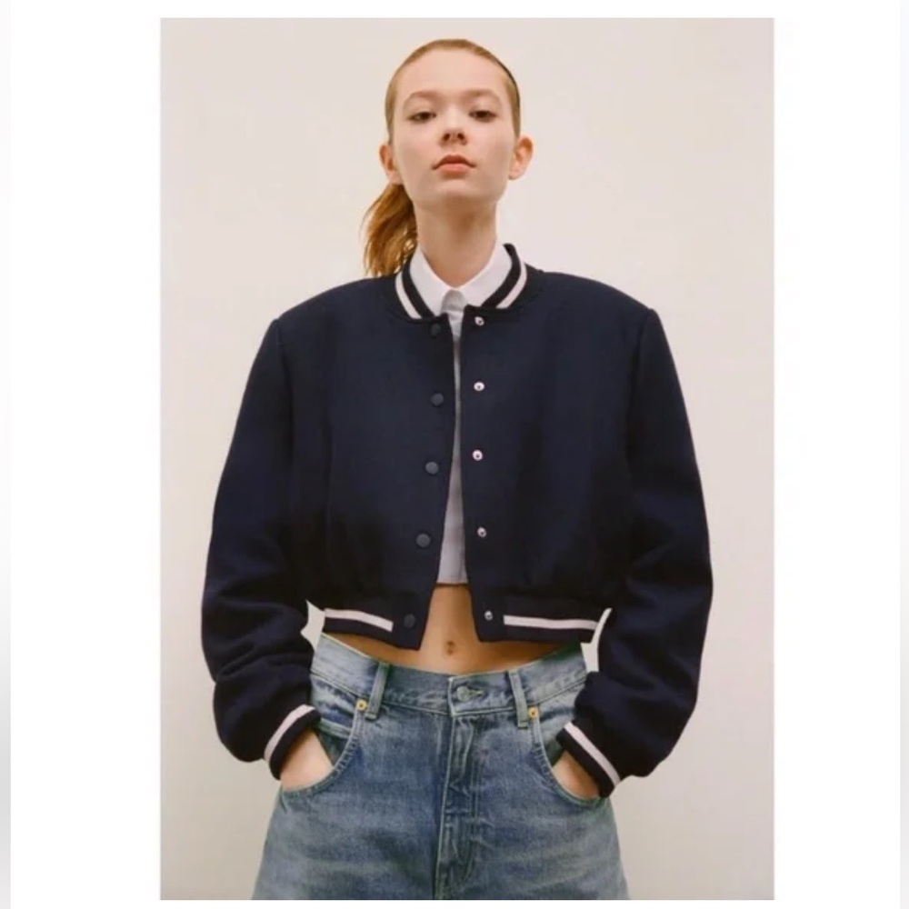 NWT Zara Crop Bomber Jacket Navy Blue